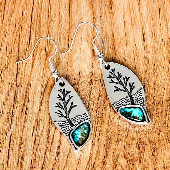 Silver Turquoise Leaf Tree Earrings Dangle - Picture 5 of 7